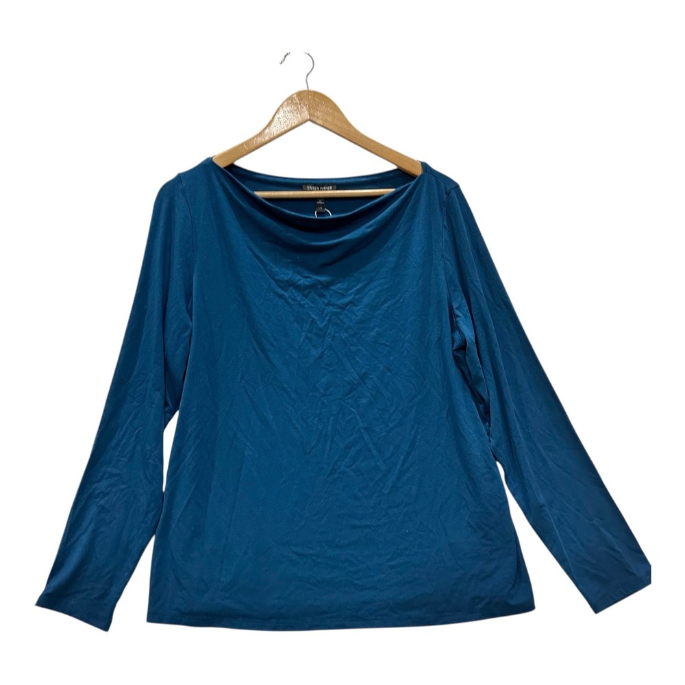 Eileen Fisher Womens L Teal Blue Tencel Lyocell Boat Neck Long Sleeve Top NWOT
